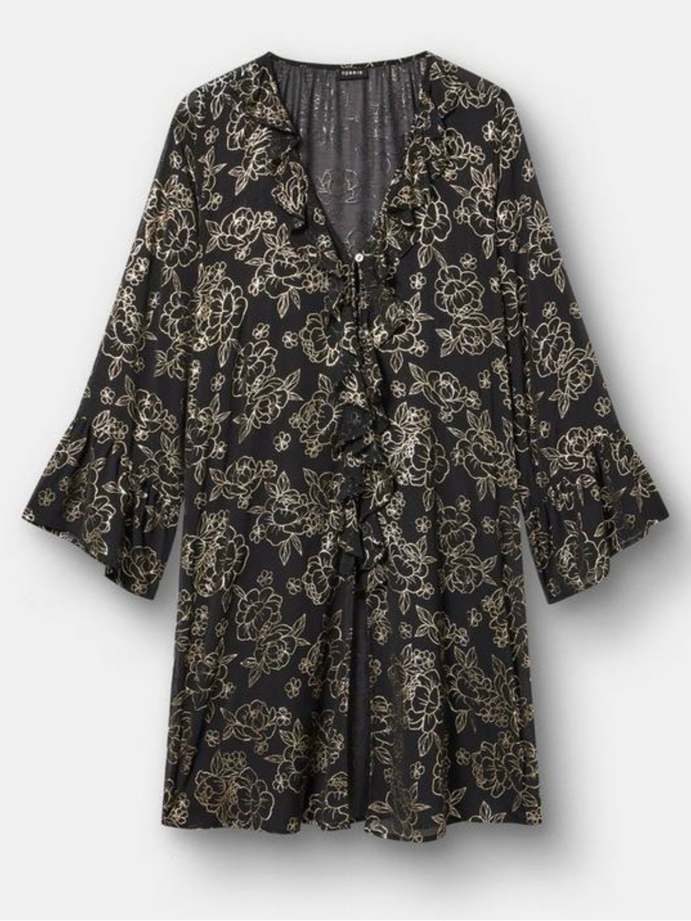 Women’s Black Floral Ruffle Button Front V Neck Tunic Torrid